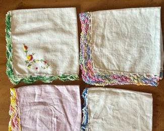 Vintage Handkerchiefs with Hand Embroidery and Crochet Edging
