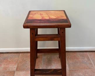 Wooden Bar Stool with Sailing Ship Inlay