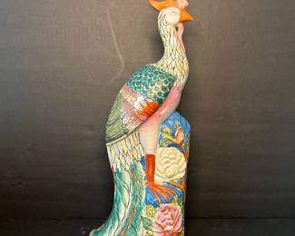 Porcelain Peacock Figurine, Made in Macau, Famille Rose Style