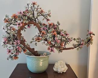 Large Vintage Jade and Glass Bonsai Tree with Celadon Pot