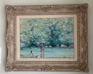 Oil Painting of Figures Wading in Water by R. Lionel