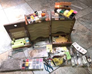 Olson fly making supplies. Components, wire, hooks, threads, jig, tools, feathers, chenille, wool, string, beads.