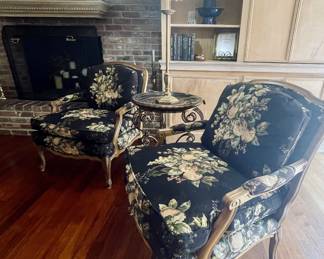 Pair Vintage Bergere Chairs, custom botanical upholstery 