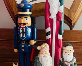 Police Officer With Police Shepherd Nutcracker & (3) Hand carved Folk Art  Santas