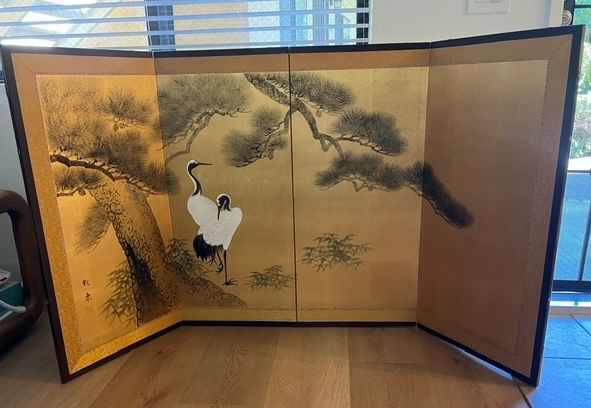 Vintage Japanese 4 Panel Folded Screen Crane