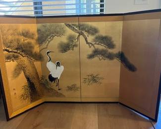 Vintage Japanese 4 Panel Folded Screen Crane