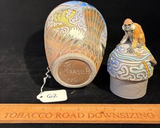 A62 - $200. Jef Raasch: Figural Vase with Monkey Lid. Measures 6" x 10.5" tall.