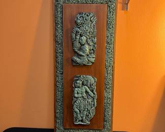 A562 - $75. Aztec Mayan Panel. Measures 10.25" x 25" tall. Crushed Malachite. 