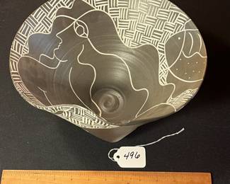 A496 - $175. Black and White Sgraffito Bowl Woman and Fish - Mia Tyson. Measures 10.25" x 5.5" tall. 