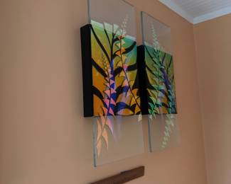 A672 - $250. Fused Dichroic Glass Panels are from the Botanica Series by glass artist Syed Ahmad. Each Measures 10" x 2" x 23.5".