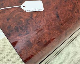 F9 - $125. Burl Laminate Waterfall 6 Drawer Dresser. Measures 67" wide x 18" deep x 30" tall. 