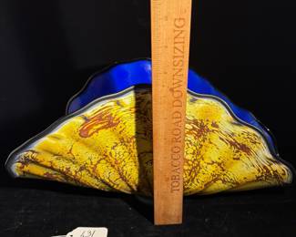 A131 - $150. Gartner Blade: Yellow and Blue Clamshell Centerpiece Glass Bowl. Measures 15.25" x 6" x 7.75" tall. 