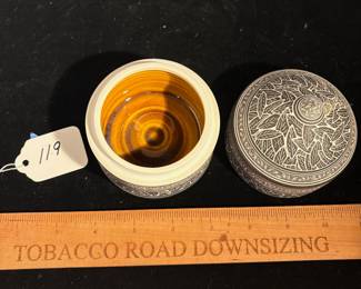 A119 - $60. Becky and Steve Lloyd: Sgraffitto Carved Porcelain Trinket Dish. Measures 3.5" x 4.5" tall. 