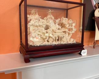 R263 - $850. Resin & Bone Sculpture in Glass Display Box. Measures 14"w x 7.75"d x 12" tall