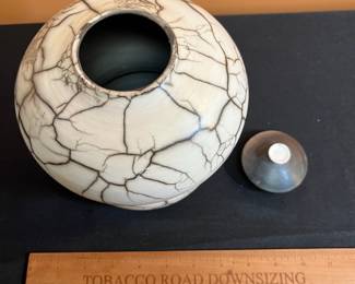 A514 - $45. Raku Pottery with Lid. Signed AE? Measures 6" x 8.5" tall. 