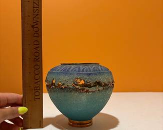 A226 - $225. Keith and Deanna Clayton. Copper and Crystalized Glass Vase. Measures 6" x 5" tall