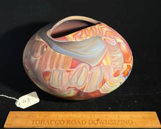 A43 - $450. Frederick Warren & Jeff Van Hassel. Satin Finish Marbelized Art Glass Bowl. Measures 9.5" x 6.75" tall. 