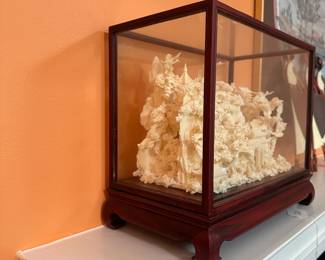 R263 - $850. Resin & Bone Sculpture in Glass Display Box. Measures 14"w x 7.75"d x 12" tall
