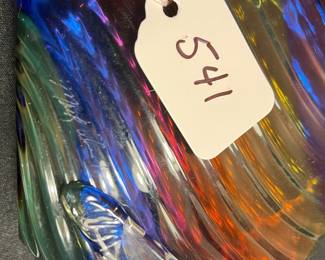 A541 - $125. Mark Weiner Rainbow Art Glass Pitcher. Measures 7" x 7" tall. 