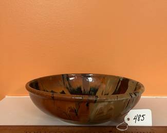 A485 - $25. Brown Green Blue Bowl - Prairie Fire Pottery - Tamra. Measures 9" x 3" tall. 