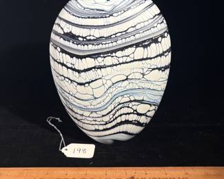 A198 - $300. Peter Layton : B&W Glass Vase. Measures 7" x 9.5" tall. 