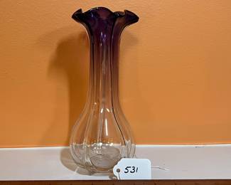 A531 - $15. Unsigned Purple & Clear Glass Vase. Very minor chips on the base. Measures 3.5" x 8.5" tall. 