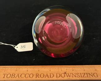 A35 - $60. Robert Deeble Table Vase with sliced top. Measures 5" x 7.5" tall. 