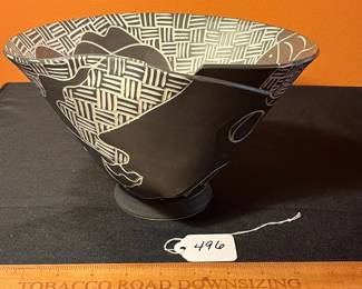 A496 - $175. Black and White Sgraffito Bowl Woman and Fish - Mia Tyson. Measures 10.25" x 5.5" tall. 