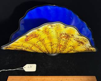 A131 - $150. Gartner Blade: Yellow and Blue Clamshell Centerpiece Glass Bowl. Measures 15.25" x 6" x 7.75" tall. 