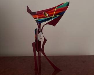 A142 - $100. Sabra Richards : Metal & Fused Art Glass Sculpture. Measures 10" x 6.5" x 16" tall. 
