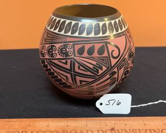 A516 - $40. Signed Anastaero Villalobos P. Pottery Vessel. Measures 5" x 5.5" tall. 