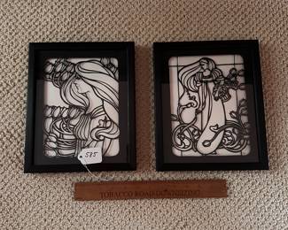 A585 - $50 Pair. Art Nouveau-inspired wall panels. Signed Perez. Each Measures 9" x 11". 