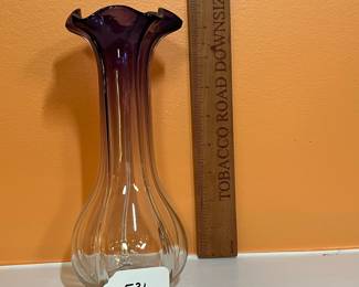 A531 - $15. Unsigned Purple & Clear Glass Vase. Very minor chips on the base. Measures 3.5" x 8.5" tall. 