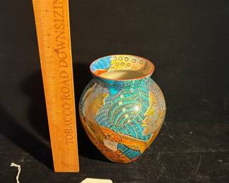 A228 - $225. Dudley Vaccianna : Glass Vase w/ African Images. Measures 5" x 6.25" tall. 