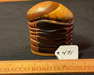 A471 - $125. Terry Evans Wood Art Trinket Box. Measures 4" x 1.75" x 4.5" tall. 