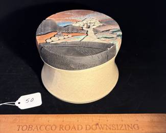 A50 - $150. Bill Herb: Dimensional Design: Raku Trinket Box With Tree. Measures 6.75" x 4.5" tall. 
