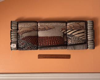 A80 - $200. Christopher Gryder: Tile Composition - Clay Wall Sculpture. Measures 30.5" x 2" x 11" tall. 