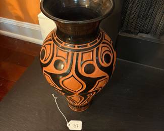 A57 - $150. Garry Childs : Figural Pottery Vase "Dancers in Black". Measures 8" x 15.75" tall. 