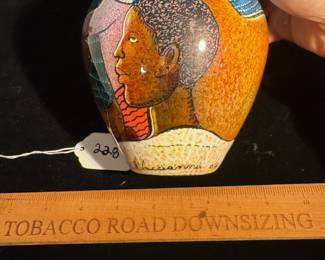 A228 - $225. Dudley Vaccianna : Glass Vase w/ African Images. Measures 5" x 6.25" tall. 