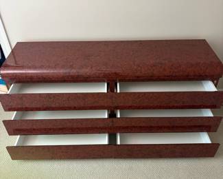 F9 - $125. Burl Laminate Waterfall 6 Drawer Dresser. Measures 67" wide x 18" deep x 30" tall. 