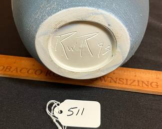 A511 - $40. Pottery Vase Signed RWR '93. Measures 6" x 9.5" tall. 