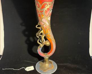 A230 - $250. AMA Romanian Art Glass Vase. Orange / White. Measures 5"x 15.5" tall. 