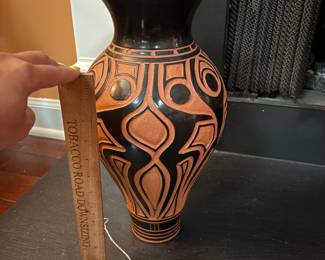 A57 - $150. Garry Childs : Figural Pottery Vase "Dancers in Black". Measures 8" x 15.75" tall. 