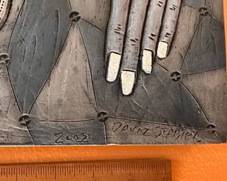 A104 - $75. David Stabley: Whimsical Clay Wall Tile - Heavy Repair. Measures 14.5" x 18.5".  