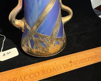 A231 - $150. AMA Romanian Art Glass Vase. Blue & Silver. Measures 6" x 11" tall. 