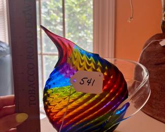 A541 - $125. Mark Weiner Rainbow Art Glass Pitcher. Measures 7" x 7" tall. 