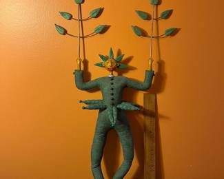 A106 - $100. TP Speer and Deborah Banyas: Set of Clay Dolls. Orange on measures 8" x 20.5" tall. Green one measures 9" x 25" tall. 