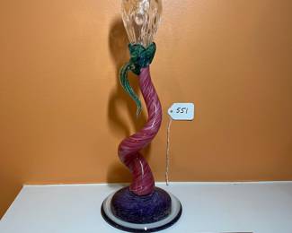 A551 - $60. Lewis Olson Art Glass Sculpture Candle Holder. Measures 5.5"?x 14" tall. 