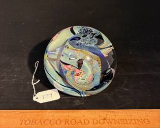 A177 - $175. Rollin Karg : Art Glass Paperweight 1995. Measures 6" x 5" tall. 