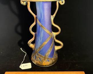 A231 - $150. AMA Romanian Art Glass Vase. Blue & Silver. Measures 6" x 11" tall. 